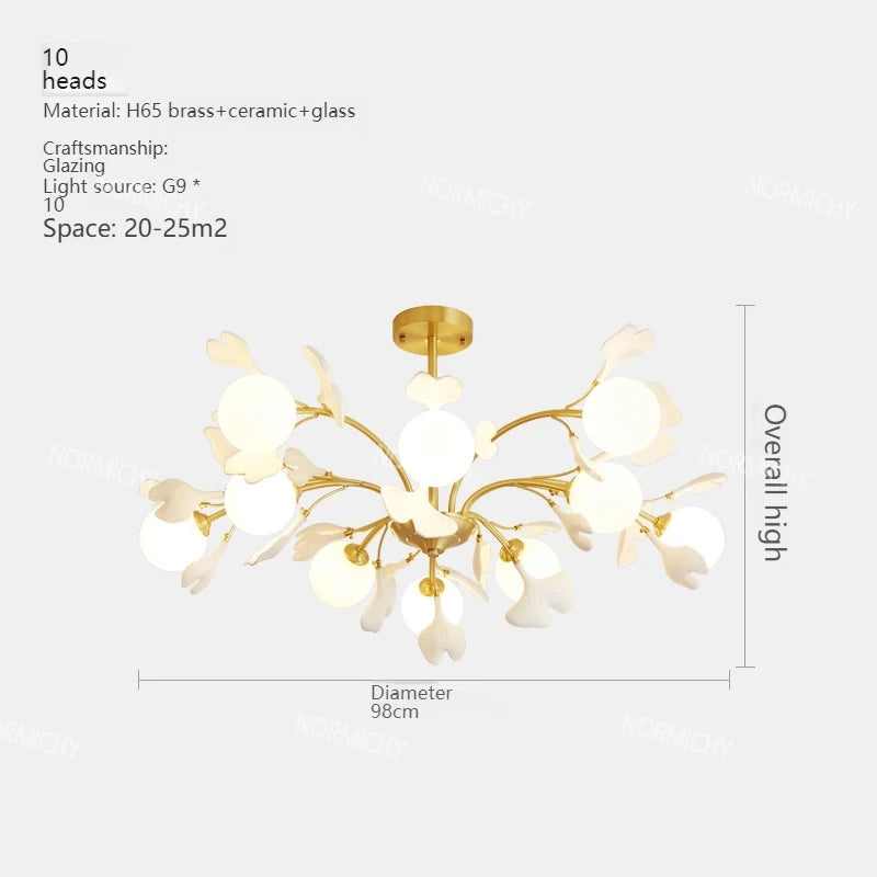 lampe suspendue contemporaine or blanc fleurs opalescente 10 têtes chaîne neutre