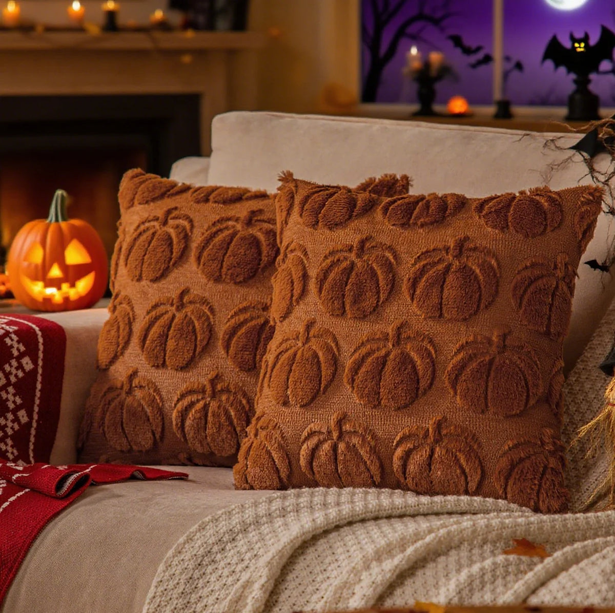 coussin carré orange citrouille automne décoration halloween zip invisible garnissage blanc polyester cotton