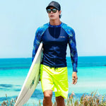 maillot surf homme polyester bleu marine feuilles vertes zip sportif moderne jaune fluo lunettes