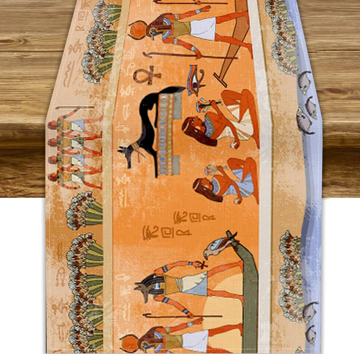 nappe runner égyptienne ancienne motifs hiéroglyphes personnages animaux oiseaux texture lin