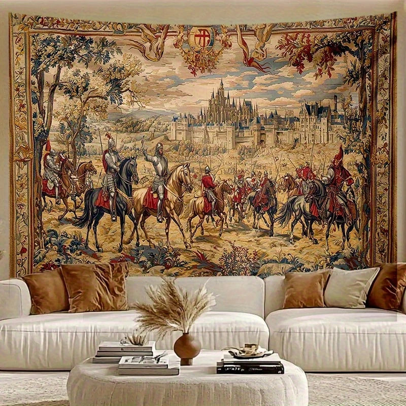 tapisserie murale imprimée chevaliers châteaux paysages floraux renaissance beige marron rouge vert bleu noir