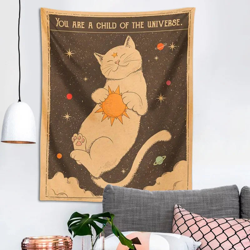 tapisserie murale chats lune soleil bohème chambre esthétique kawaii beige rose verte bleue orange