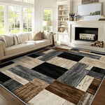 tapis moderne géométrique imitation bois noir gris marron polyester antidérapant salon chambre extérieur