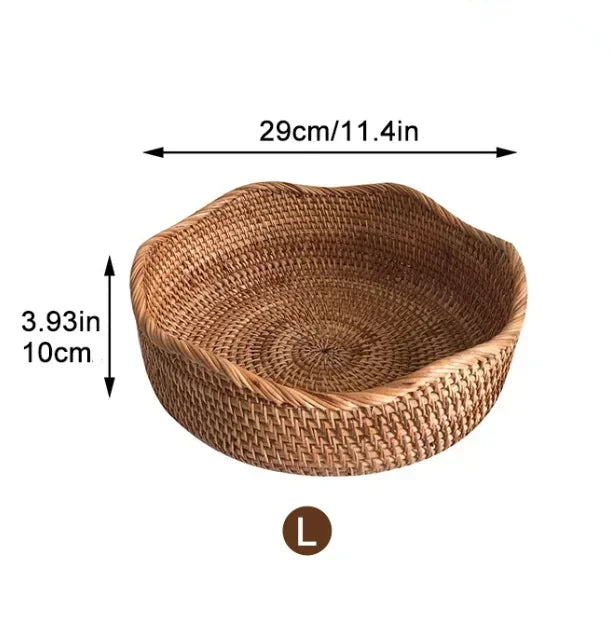 panier rotin marron clair tissage fin moderne rangement cuisine fruits assiettes thé livres