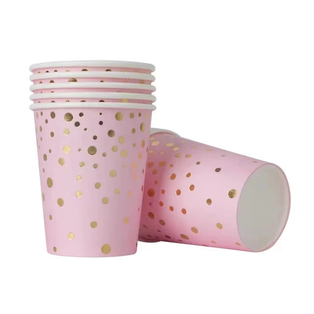 assiettes papier verres serviettes nappe fête anniversaire filles rose doré points