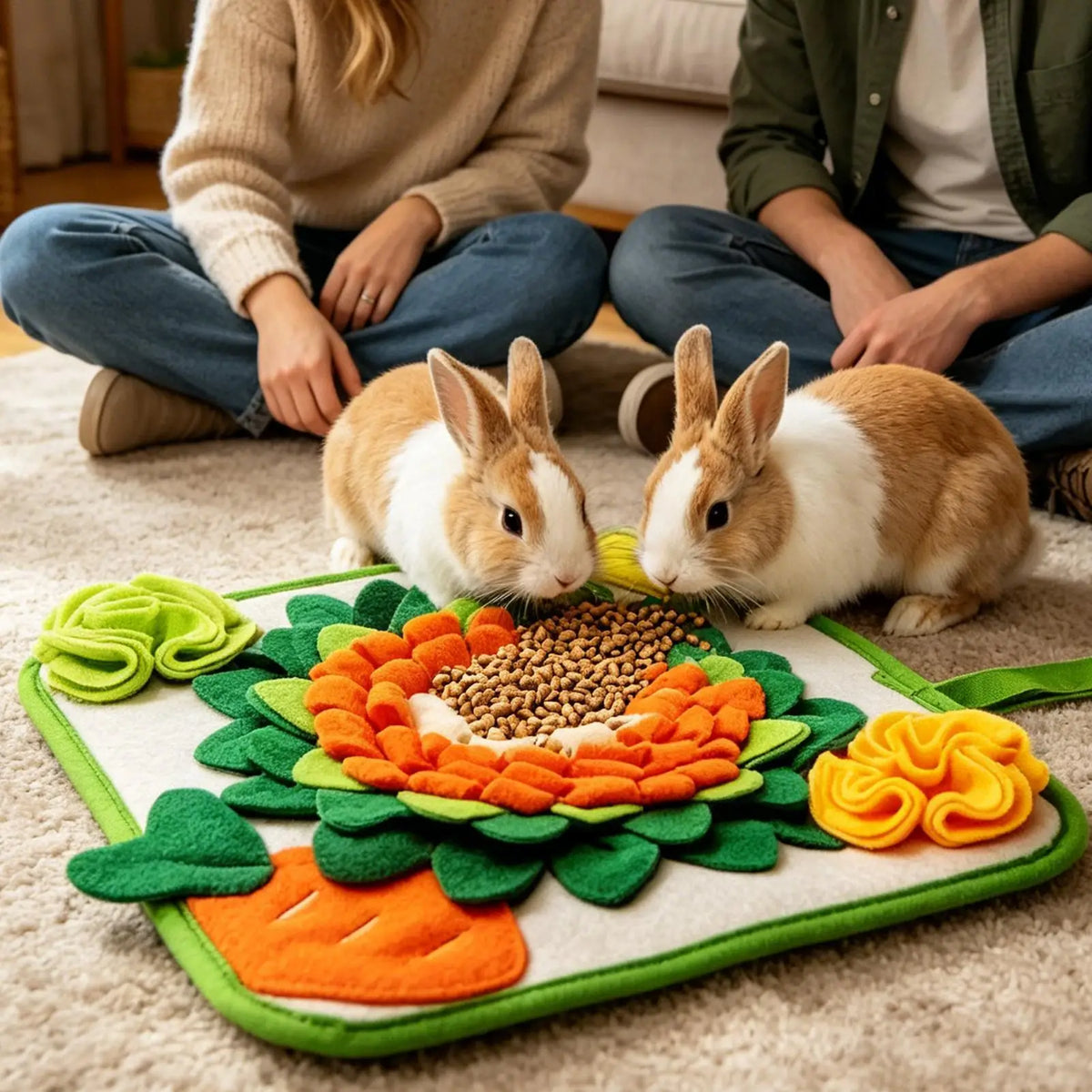tapis jeu animal compagnie vert orange blanc fleurs carottes texturé poignée amovible 30cmx30cm