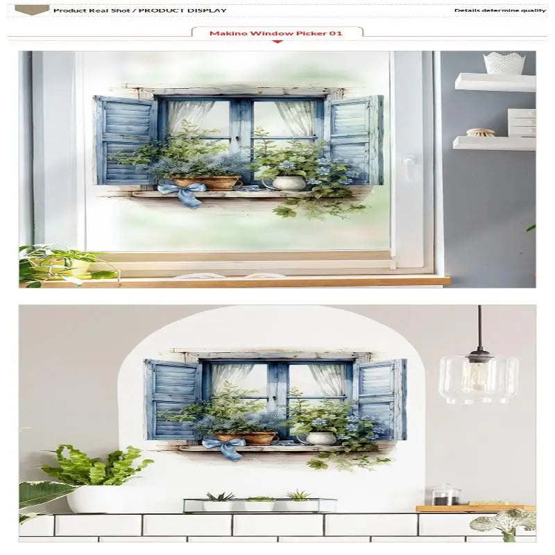 autocollant mural vintage paysage fenêtre volets bleus plantes vertes guirlande fleurs chat niche naturel