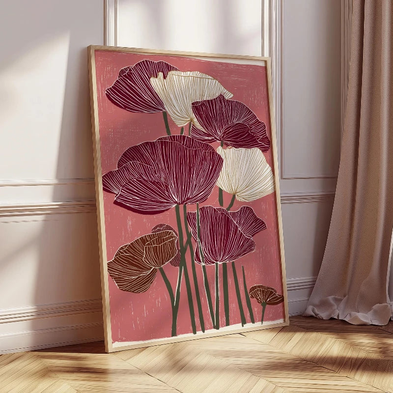 toile peinte fleurs stylisées moderne rose rouge blanc cadre bois chambre salon decoration