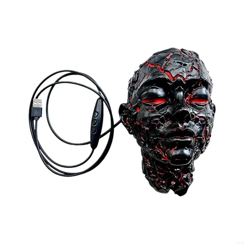 masque sculptural noir rouge texture magma lave art contemporain halloween décoration murale led usb