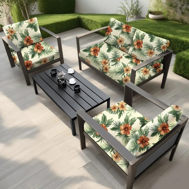 canapé extérieur moderne coussins fleurs tropicales beige vert orange printemps été polyestère lavable machine