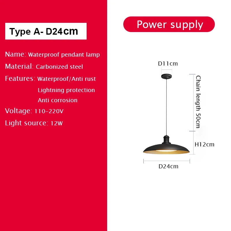 lampe moderne noire acier inoxydable suspension intérieure extérieure 24v led 29cm 34cm