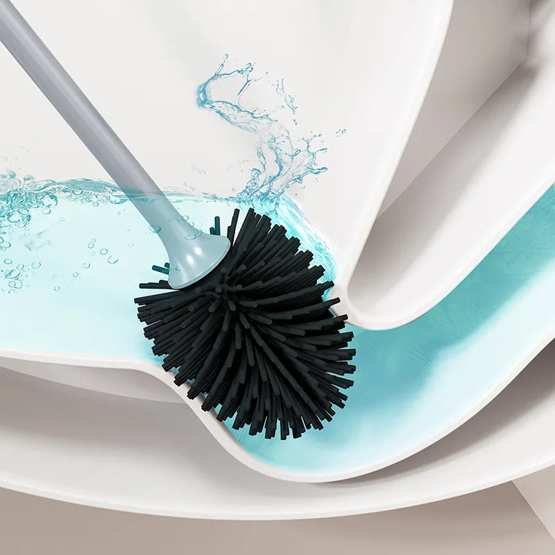 brosse wc moderne minimaliste poils denses tête ronde support mural noir blanc salle bain