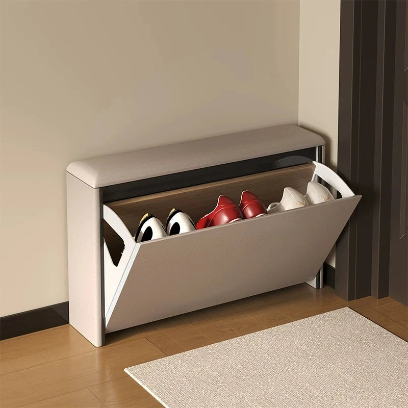 rangement chaussures angle moderne minimaliste bois autonome salon entrée blanc rouge beige