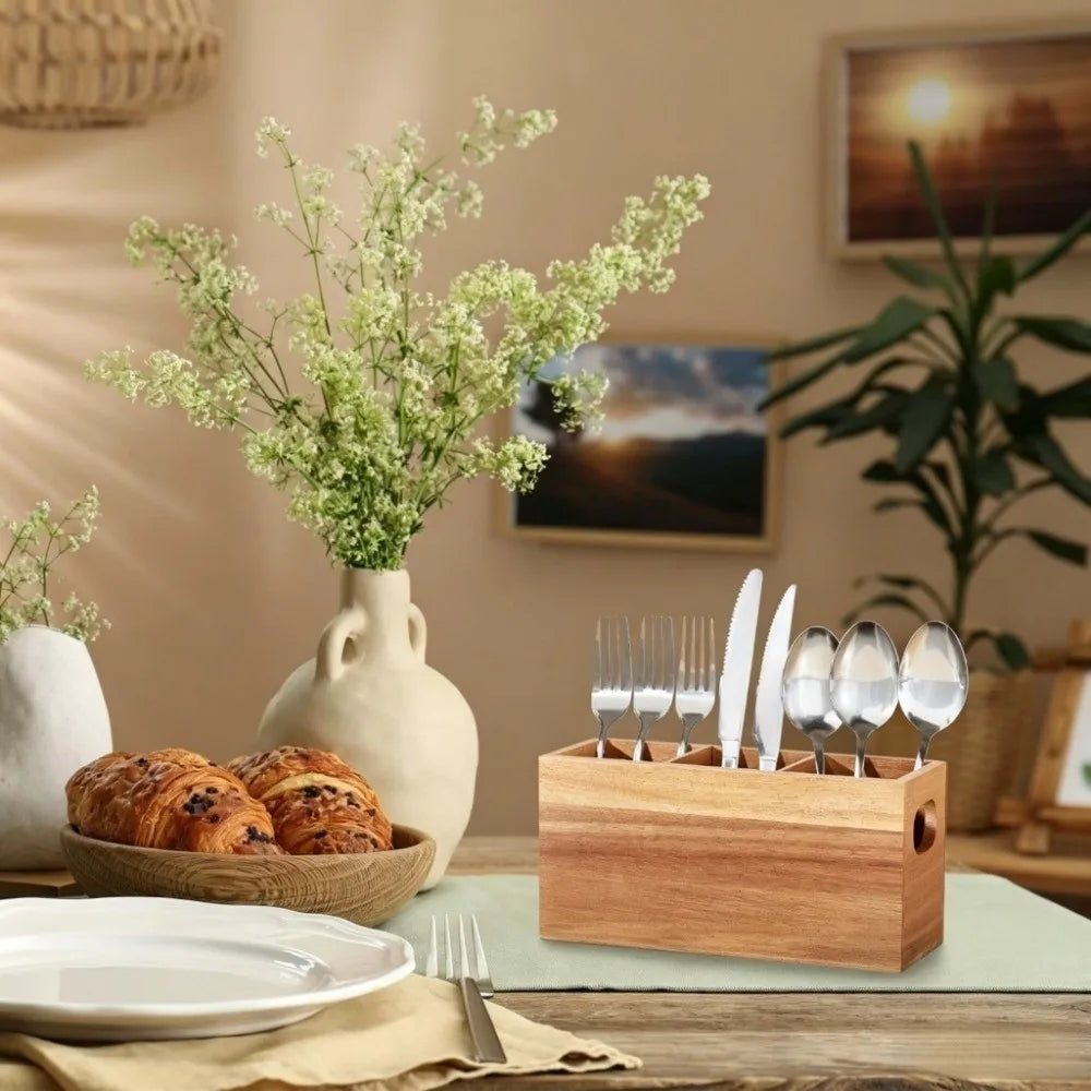 rangement couverts bois ustensiles cuisine multiusage rustique moderne fourchettes couteaux cuillères louches fouet bouteilles