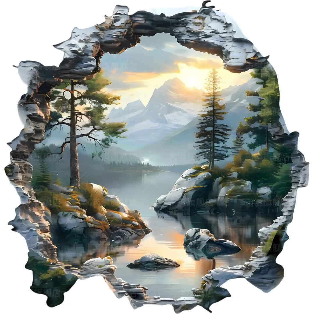 autocollant mural paysage forêt moderne vert gris beige bleu blanc intérieur décoration adhesive pvc