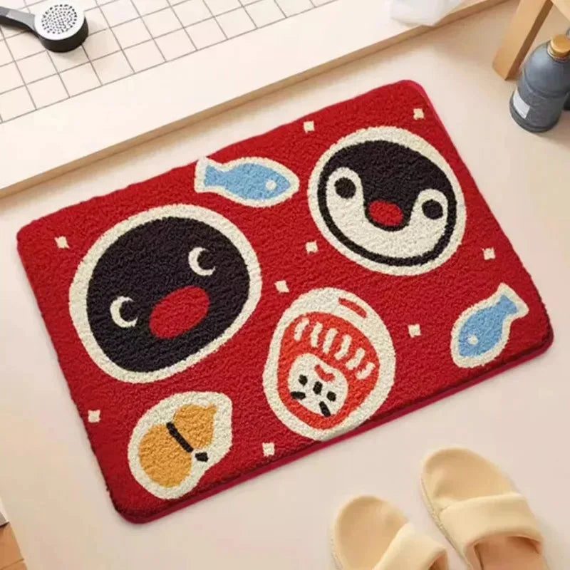 tapis cartoon anti dérapant bleu clair noir blanc rouge jaune penguins poissons visage résistant