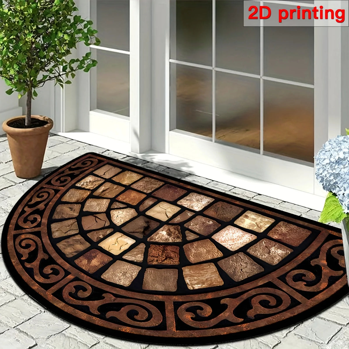 tapis d'entrée mosaïque pierre bordure ornée antidérapant moderne marron beige noir