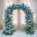 arche fleurie bleue romantique mariage anniversaire baby shower décoration intérieure soie hortensias roses feuillage