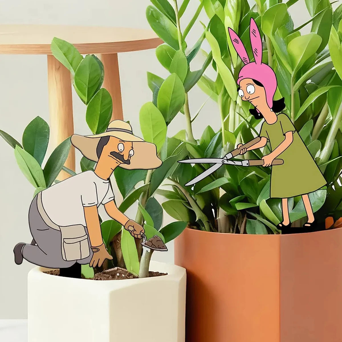 figurines jardiniers extérieures scies pelles gants chapeaux rose bleu vert cartoon decoration pot plantes