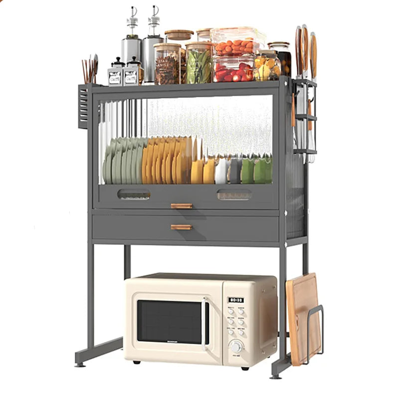 rangement cuisine tiroirs étagères ustensiles micro onde intégré moderne gris pieds