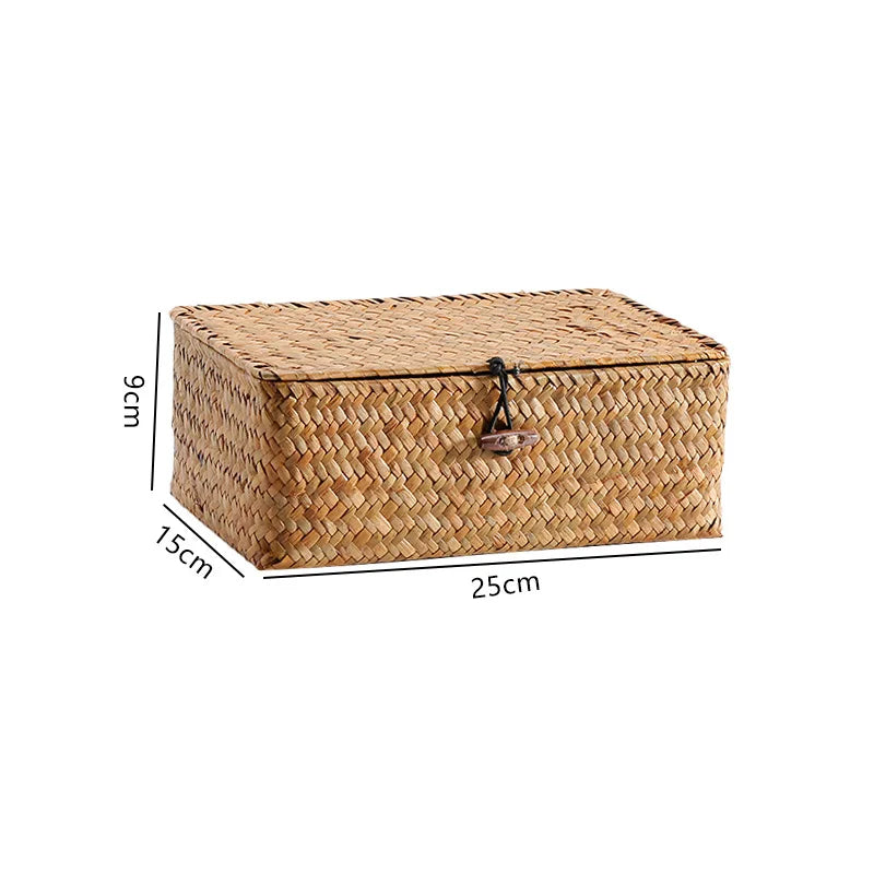 boîtes rangement tissage paille naturelle rustique boucles métalliques respectueux environnement multiple utilisations