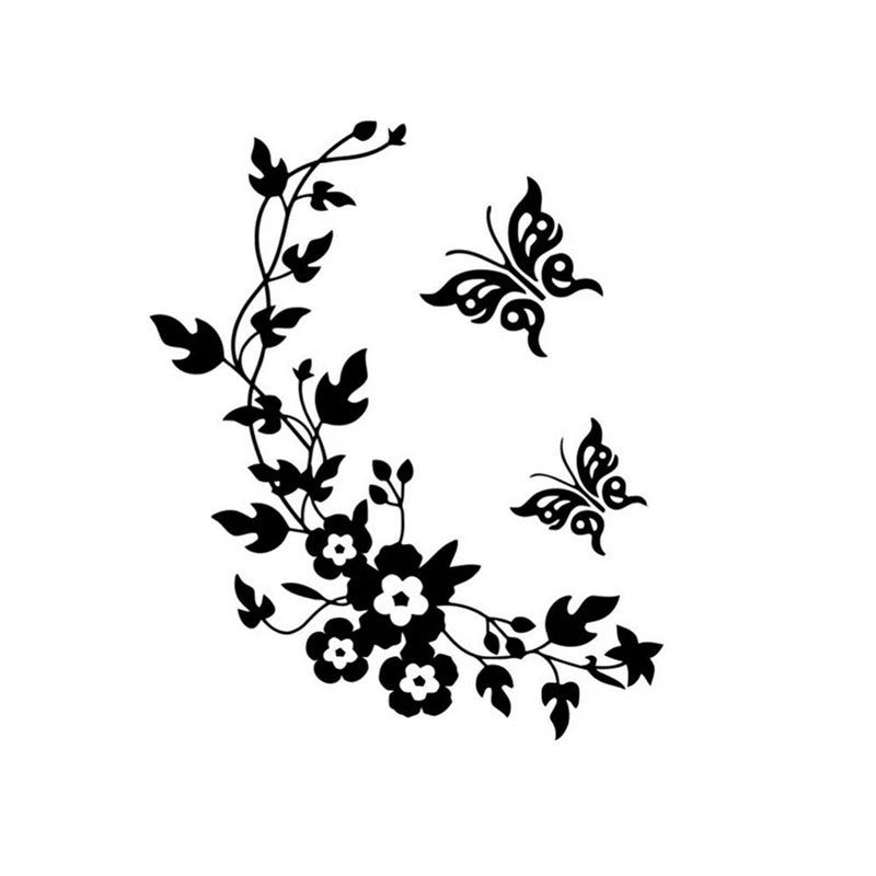 décoration murale sticker noir blanc fleurs feuilles branches papillons floral 28cm 34cm