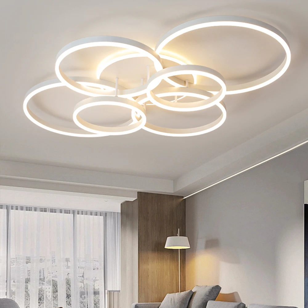 lampe moderne anneaux blanc or télécommande éclairage led minimaliste facile flux lumineux variable