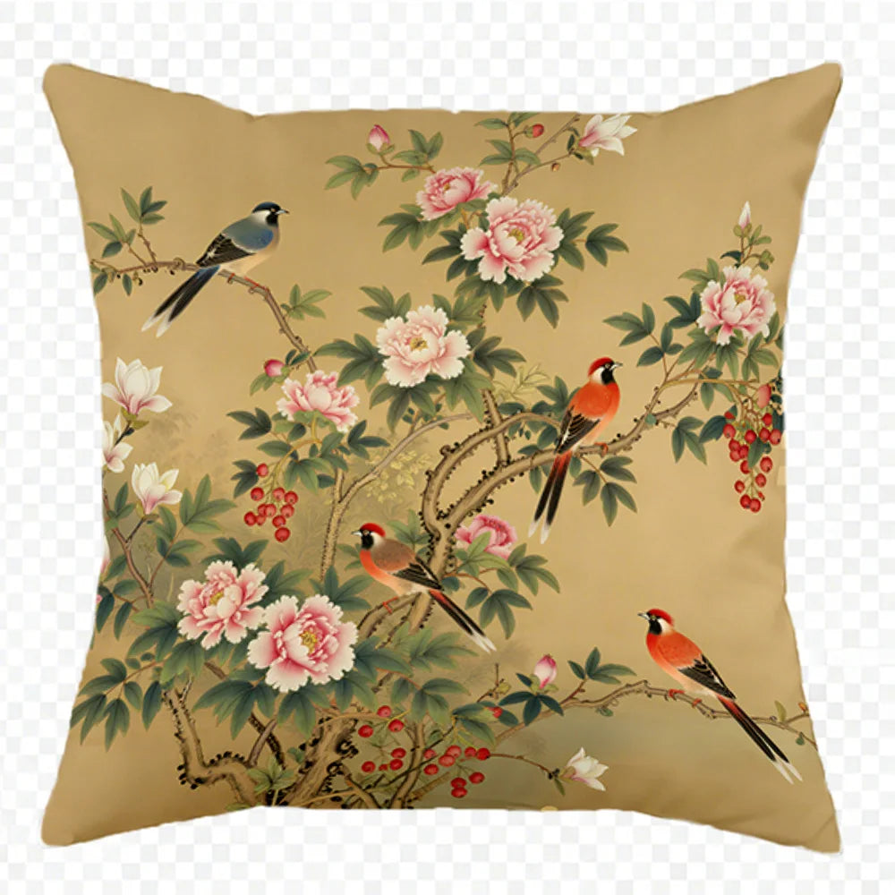 taies d'oreiller imprimées fleurs oiseaux vintage polyester beige zipper 45x45cm décoration maison hospitalière