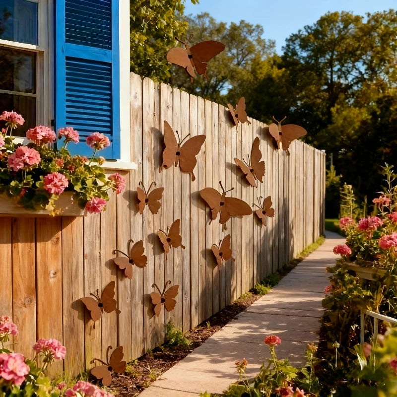 décorations murales papillons métalliques différentes tailles marron rouille bleuextérieur patio jardin champêtre nature