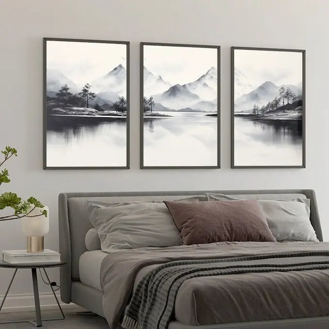 tableaux minimalistes paysages montagneux arbres reflets eau noir blanc contemporains sans cadre chambre salon