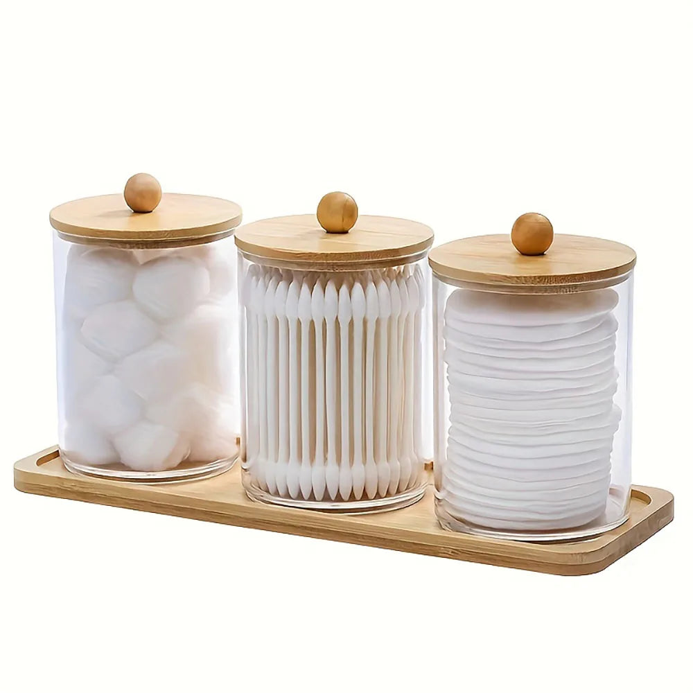 pots verre couvercles bois plateau rectangulaire coton cotons tiges démaquillants moderne minimaliste ensemble pièces