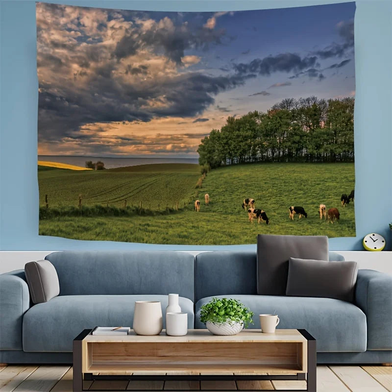 tapisserie paysagère moderne vaches nuages vert bleu blanc chambre salon décoration murale imperméable