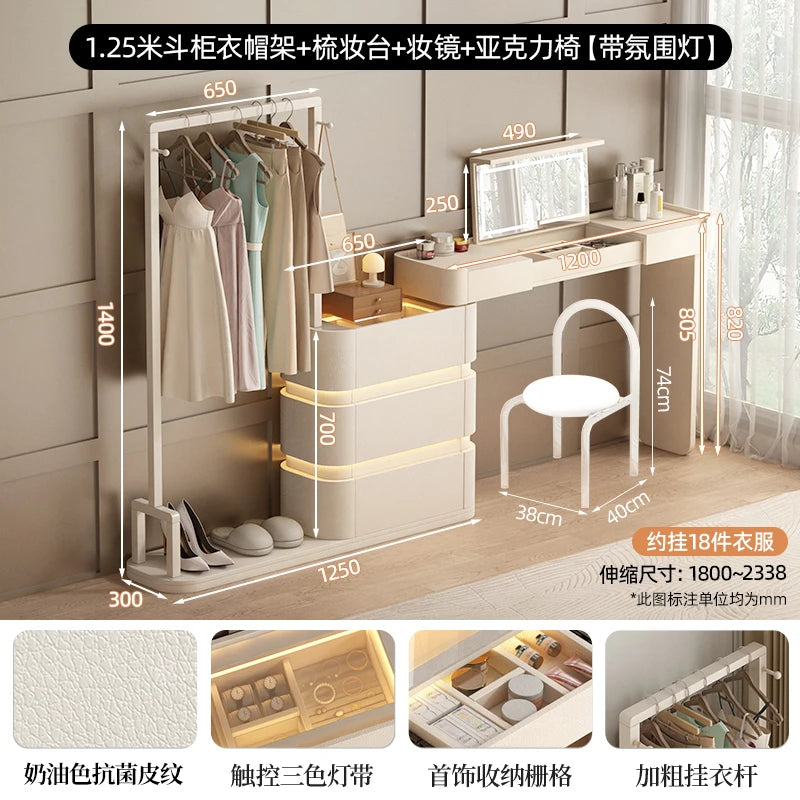 coiffeuse bois moderne beige miroir tiroirs tabouret étagère rangement chambre coucher