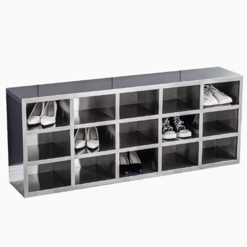 meuble rangement chaussures gris acier inoxydable moderne compartiments robuste durable contemporain pieds ronds