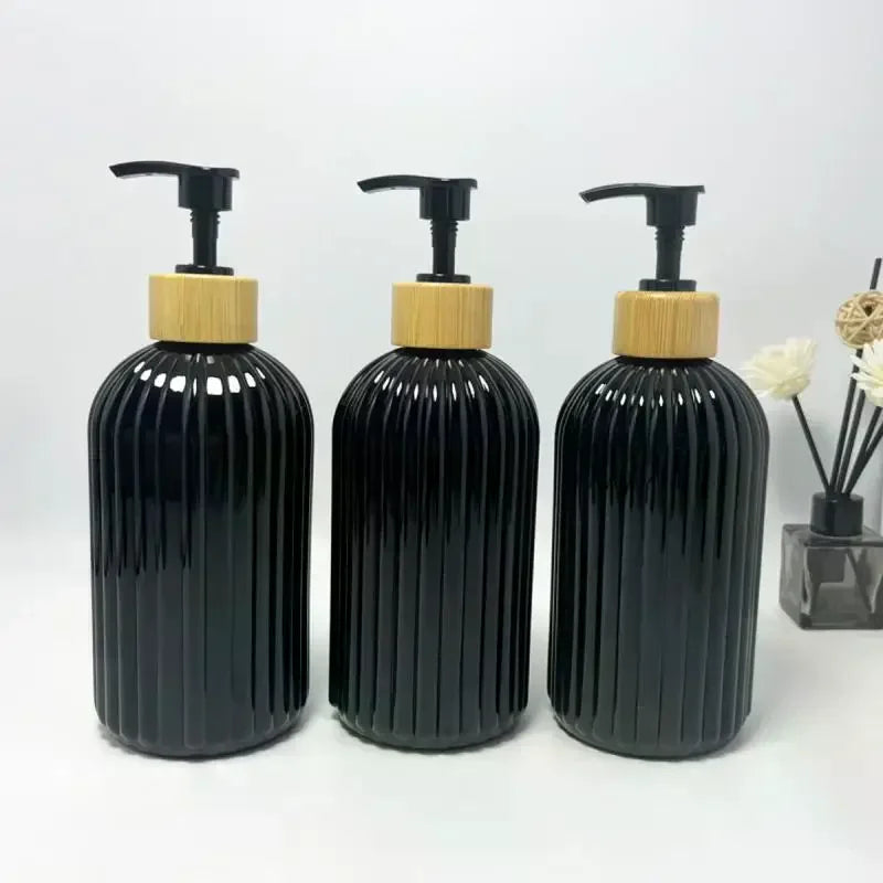 flacon pompe noir marron vert olive rayures verticales moderne élégant 500ml rechargeable shampoing lotion