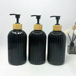 flacon pompe noir marron vert olive rayures verticales moderne élégant 500ml rechargeable shampoing lotion