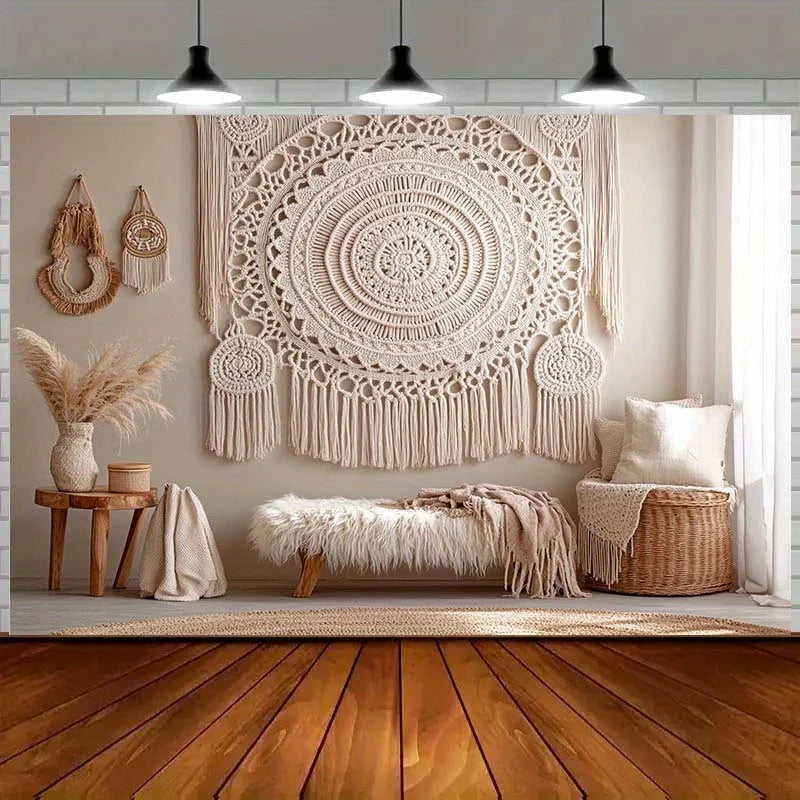 tapis macramé boho chic beige clair motif circulaire franges occasion anniversaire décoration maison