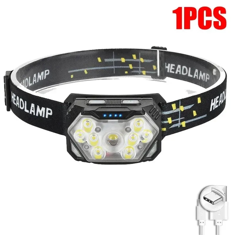 lampe frontale led noire jaune rayées 2000lm ultra brillante rechargeable usb sensor motion camping