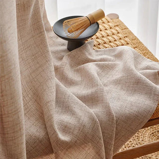 rideau bohème beige texture tissée semi translucide rustique plis flamands métalliques