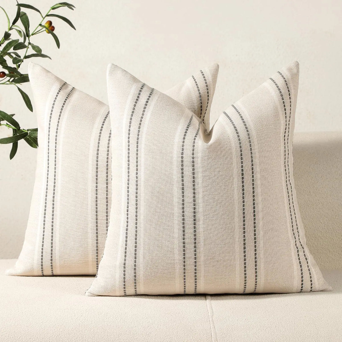 housses coussin rayées polyester non toxique respectueux environnement rustique beige clair fixations