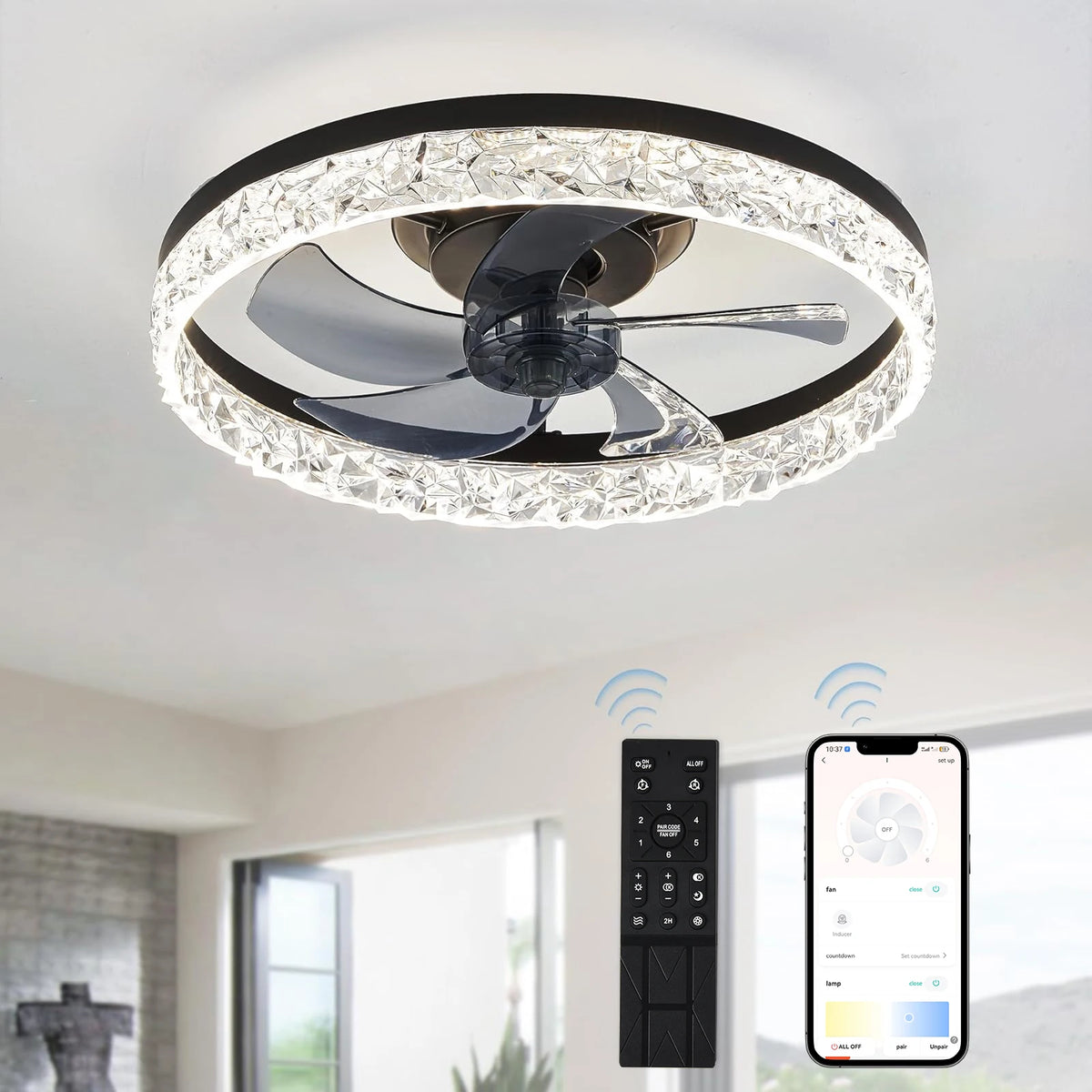 ventilateur led moderne noir blanc cristaux brillants télécommande réglable lumière