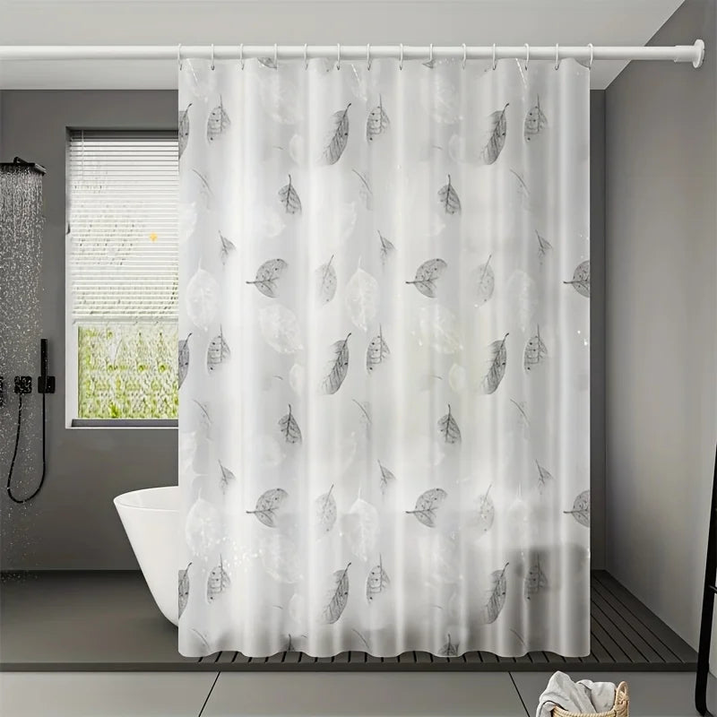 rideau douche moderne blanc gris motif feuilles noires semi transparent métalliques