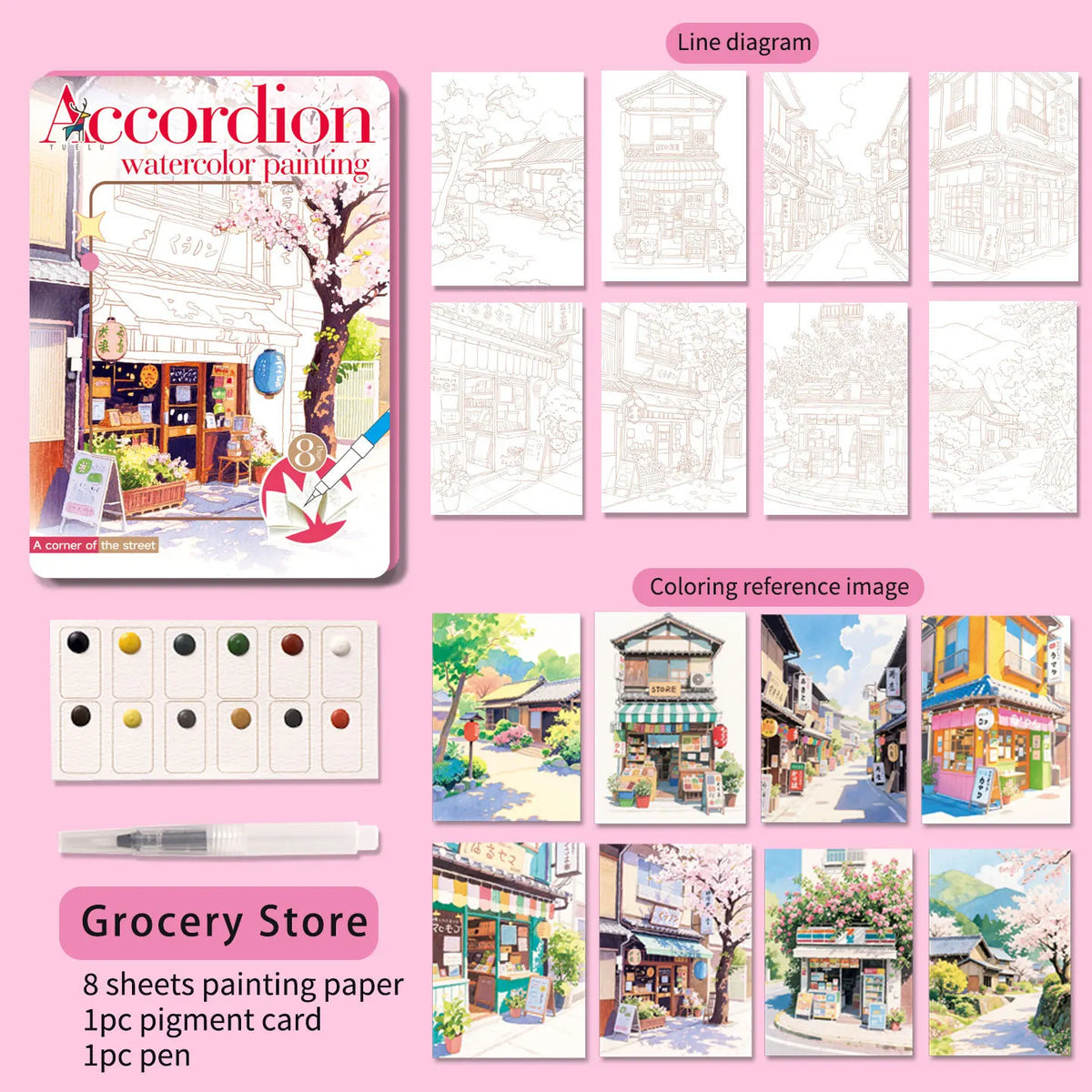 livre art aquarelle coloriage scènes urbaines nature roses blancs illustrations pages opaques peintures brosses