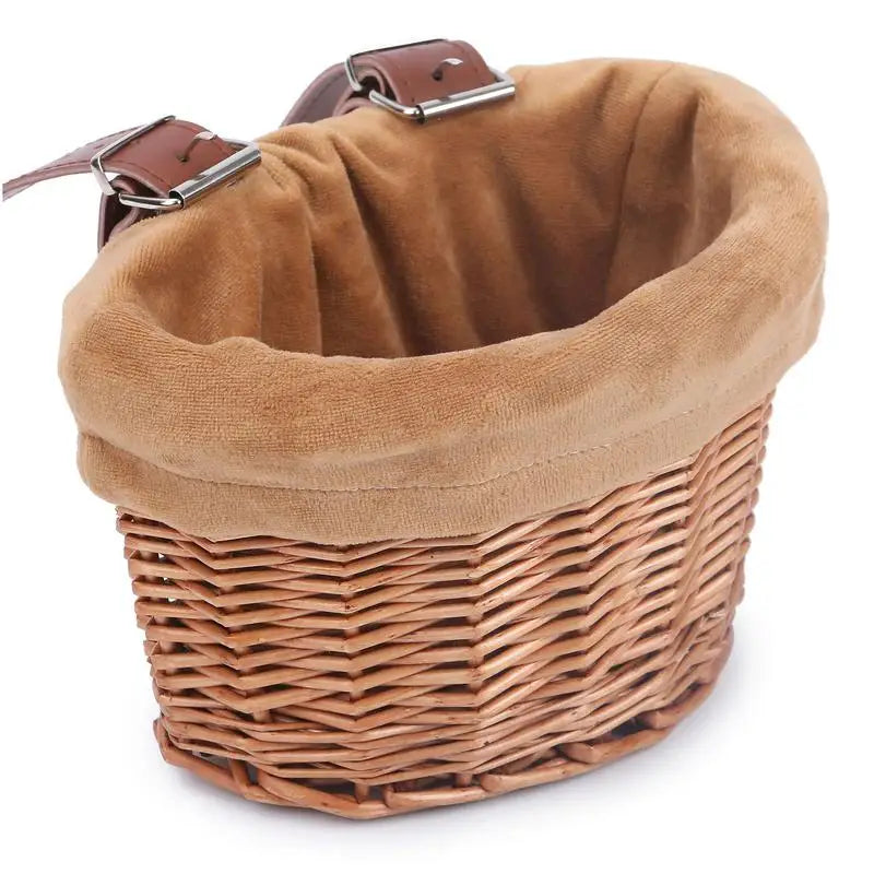 panier vélo enfant tressé wicker doublure marron sangles réglables vintage rustique