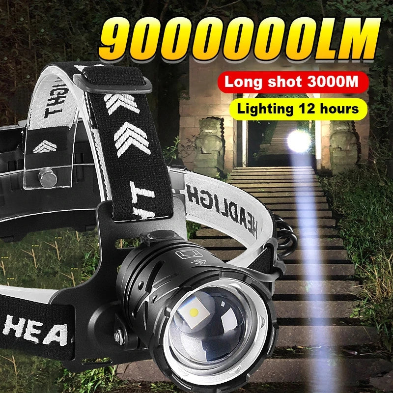 lampe frontale led noire mode chasse pêche camping 600w certification cqc ul