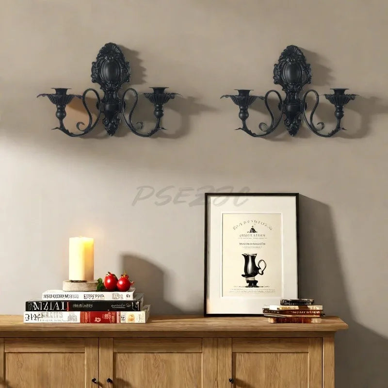 applique murale deux bras ornements baroques motifs floraux bougies noires classique baroque métal fer