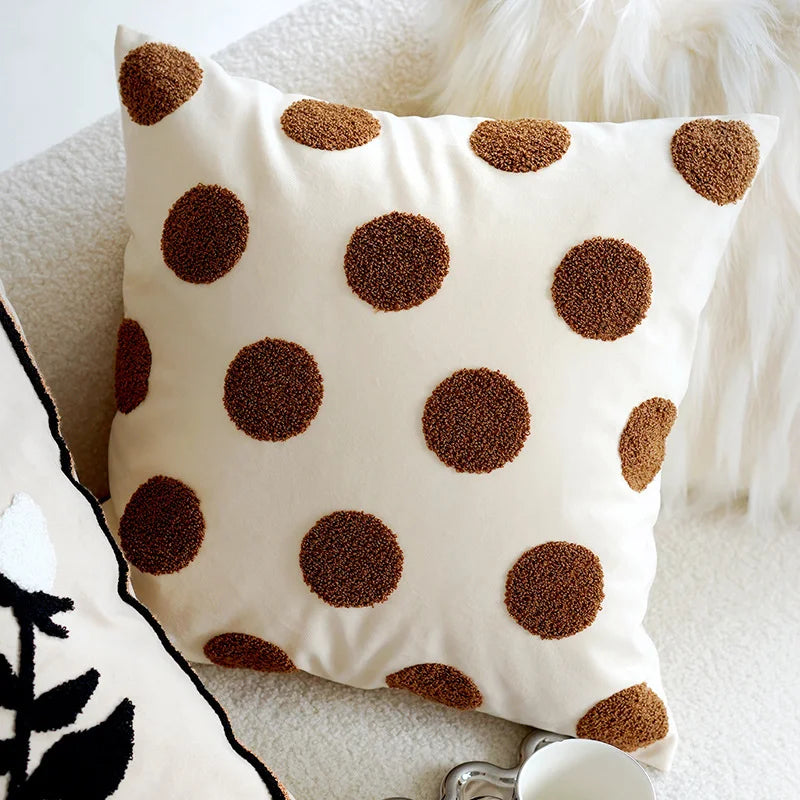 taies d'oreiller modernes beige brodées points blancs coton polyester 45x45cm