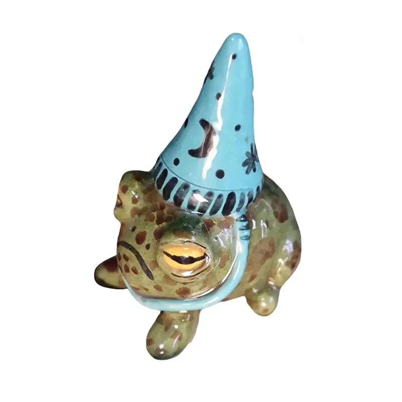 statuette grenouille peinte résine chapeau sorcière verte rouge bleue points noirs contemporaine extérieure ornement