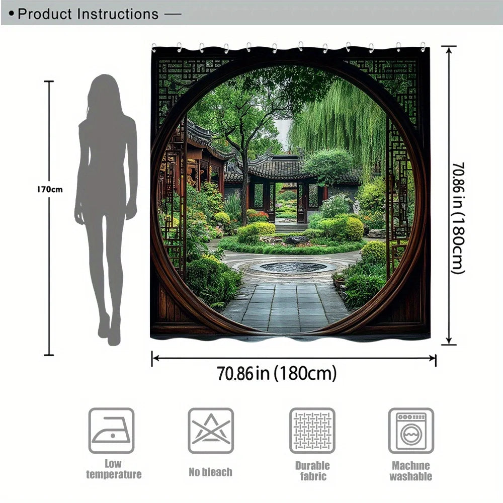 rideau douche asiatique jardin chinois noir vert marron blanc argentés polyester