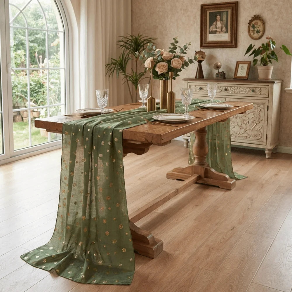 chemin table vert olive motif points dorés classique noël saint valentin nouveau an manger
